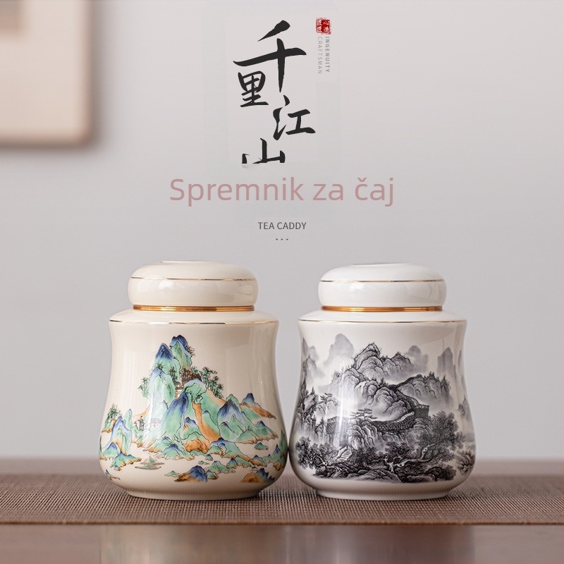 Keramička posuda za čaj sa zapečaćenim poklopcem, stil kineske inspiracije, motiv tisuću rijeka i planina, kapacitet 750 ml, dodaci za čajni set