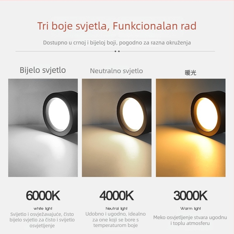 LED površinsko montirani downlight visoke snage, bez otvora, stropna usmjerivačka svjetla, crno-bijelo kućište, 220V, 3000K-6000K, okrugli