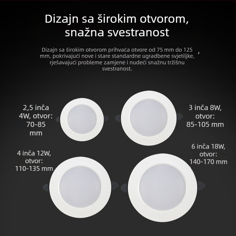 FSL LED ugrađeni stropni downlight, aluminijsko kućište, otvor 75 mm, 6500K hladno bijela, za dnevni boravak