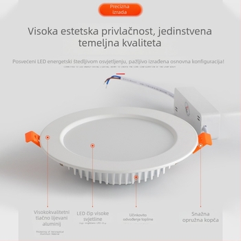 Ultra-tanki LED ugrađeni stropni downlight od lijevanog aluminija, kružnog oblika, s anti-refleksijom i anti-zamušenjem, 220V, 3000–6000K, promjer otvora 75–170 mm, ukupne dimenzije 98–185 mm