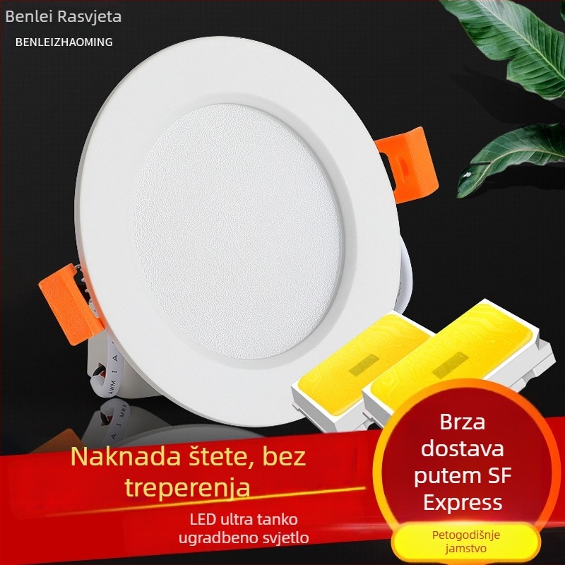 Ultra-tanki LED ugrađeni stropni downlight od lijevanog aluminija, kružnog oblika, s anti-refleksijom i anti-zamušenjem, 220V, 3000–6000K, promjer otvora 75–170 mm, ukupne dimenzije 98–185 mm