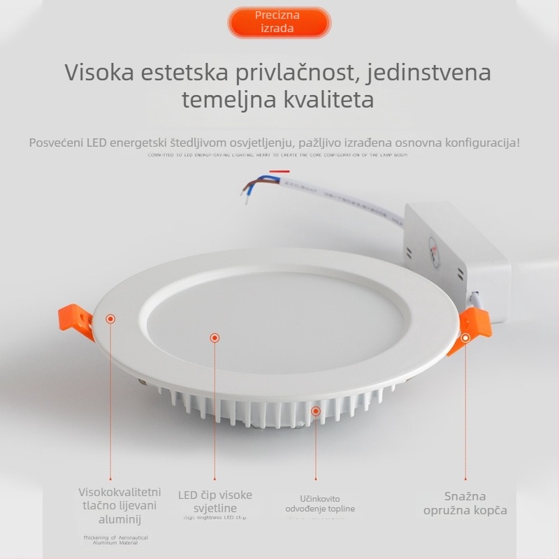 Ultra-tanki LED ugrađeni stropni downlight od lijevanog aluminija, kružnog oblika, s anti-refleksijom i anti-zamušenjem, 220V, 3000–6000K, promjer otvora 75–170 mm, ukupne dimenzije 98–185 mm
