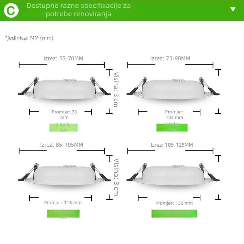 LED ugrađeni stropni downlight, niskonaponski 12–36V, aluminijsko kućište, otvori Ø50–160 mm