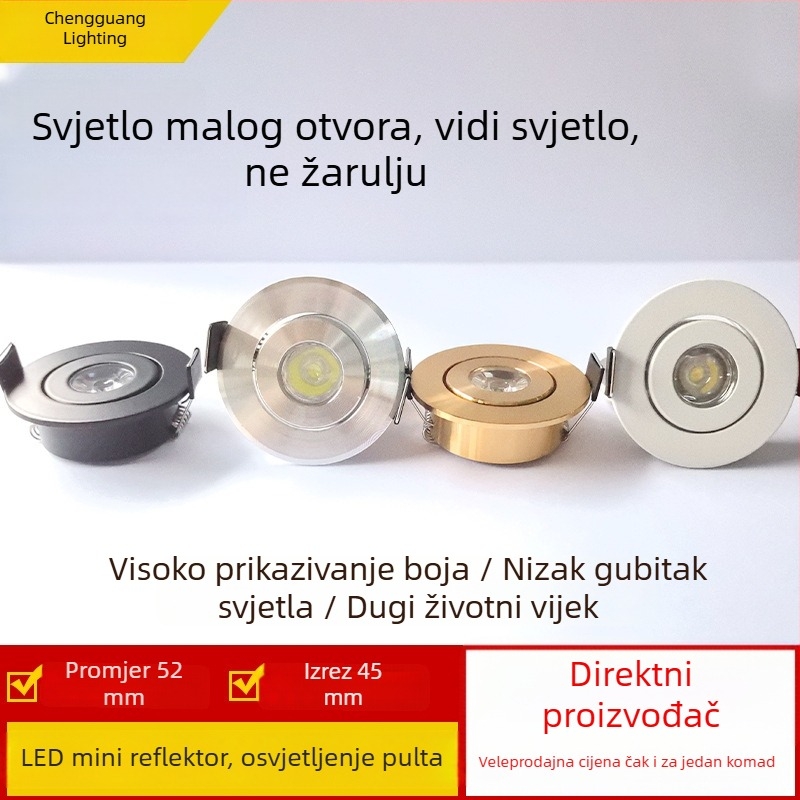 Ugradna LED spot svjetiljka promjera 4,5 cm za pultove i vitrine, mini downlight, 1W/3W višebojno svjetlo