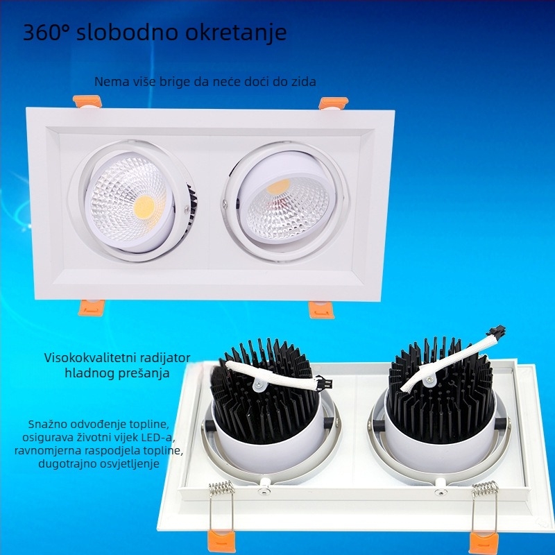 LED stropna svjetiljka s dvije glave, ugrađena, dvostruka mrežasta svjetiljka