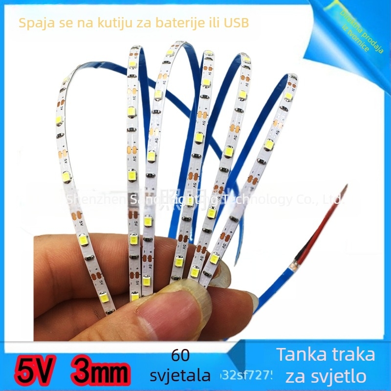 Ultra-tanka LED traka širine 3 mm, 5 V, 60 LED, regulacija svjetla, za makete i ručne radove