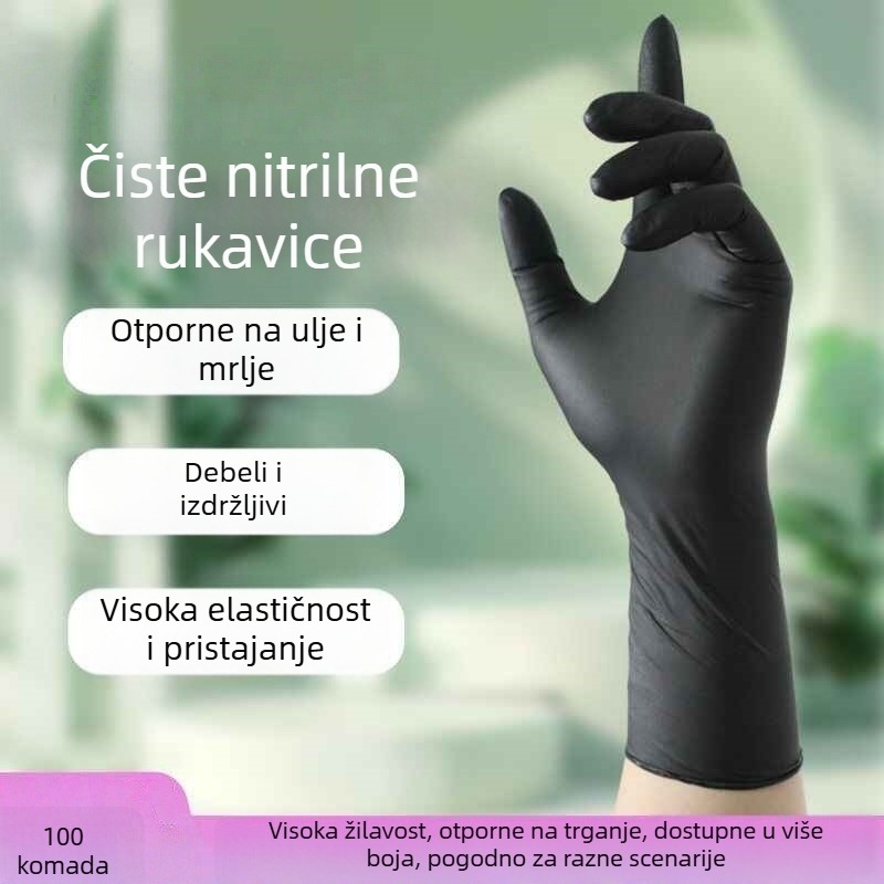 Crne jednokratne nitrilne rukavice, visoka elastičnost, u kutiji 100 kom, vodootporne, otporne na masnoće i mrlje, za kućno čišćenje