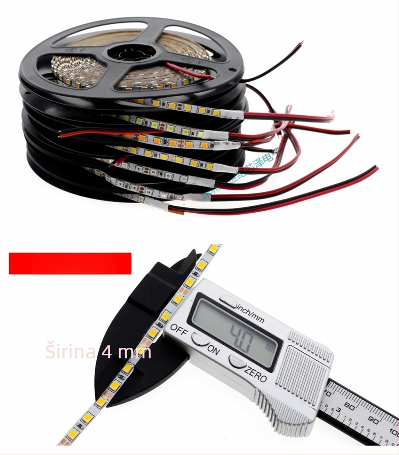 LED traka 12V, jednobojna, 2835 LED, 120 LED, samoljepljiva, uska verzija, širina 4 mm, linearna fleksibilna svjetlosna traka