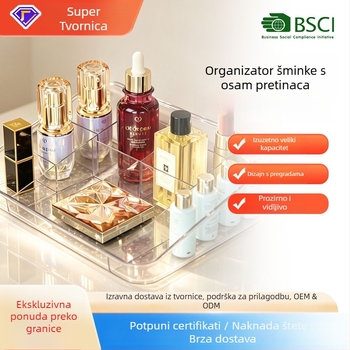Stolni organizator kozmetike, velik kapacitet, proziran dizajn, pretinac za spužicu za puder, ruž i olovku za obrve