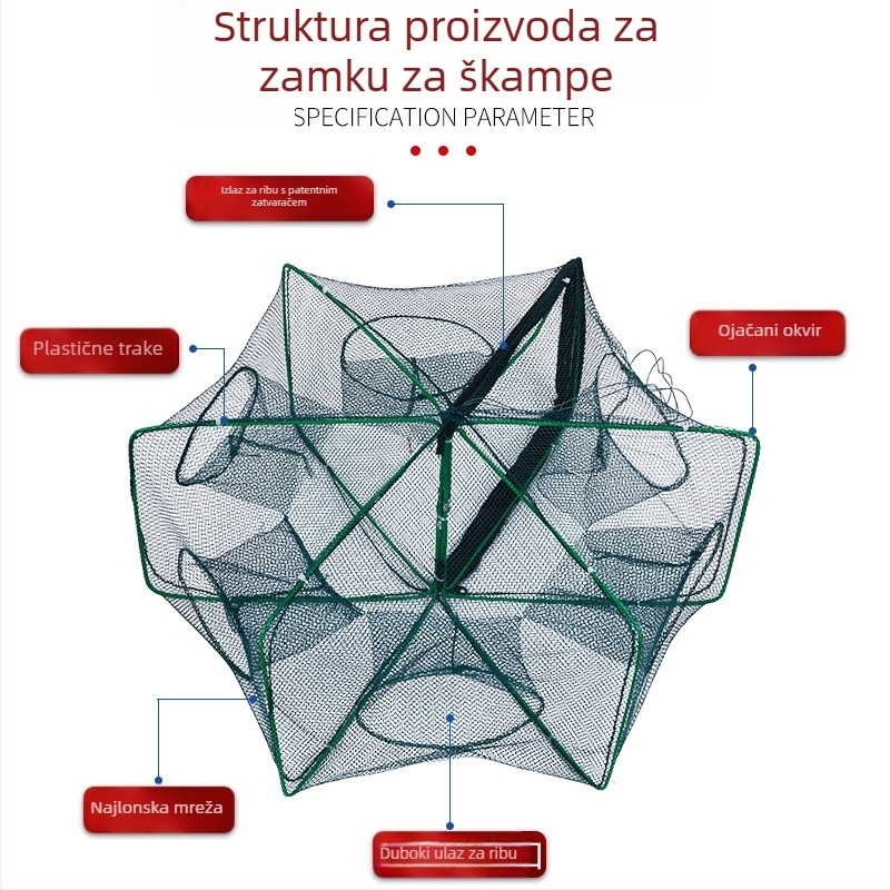 Kockasta sklopa kutija za kozice, kvadratni otvori 6-20, polygonalna ribarska mreža, mala veličina