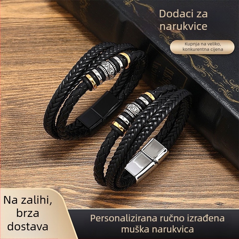 Muška DIY retro kožna narukvica s visokim sjajem, retro etnički stil, trodijelno pleteni narukvica