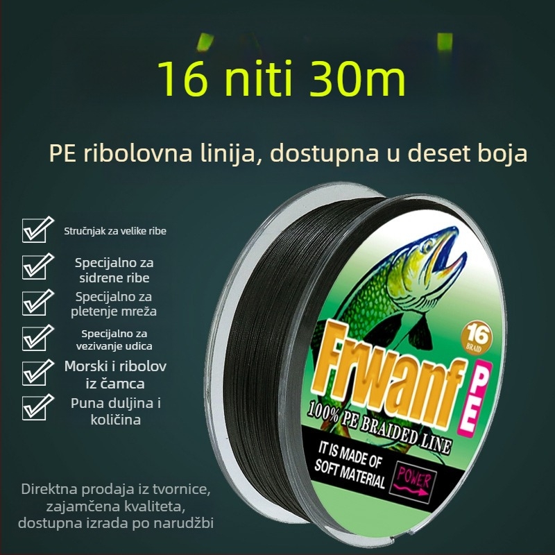 16-žilna PE pletena ribolovna linija, 30 m, otporna na habanje i ugrize, za morski ribolov s štapom i sidrom