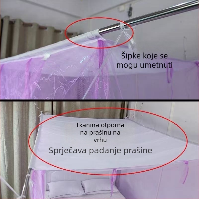Tradicionalna staromodna mreža protiv komaraca s gustom mrežom, jednom vratima, kvadratnim vrhom, okvir od nehrđajućeg čelika, za krevet 1,5/1,8 m