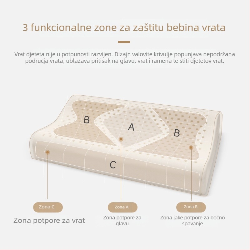 Dječji latex jastuk s valovitim oblikom, visina 5–10 cm, prirodni lateks >90% sadržaja, navlaka od 100% pamuka