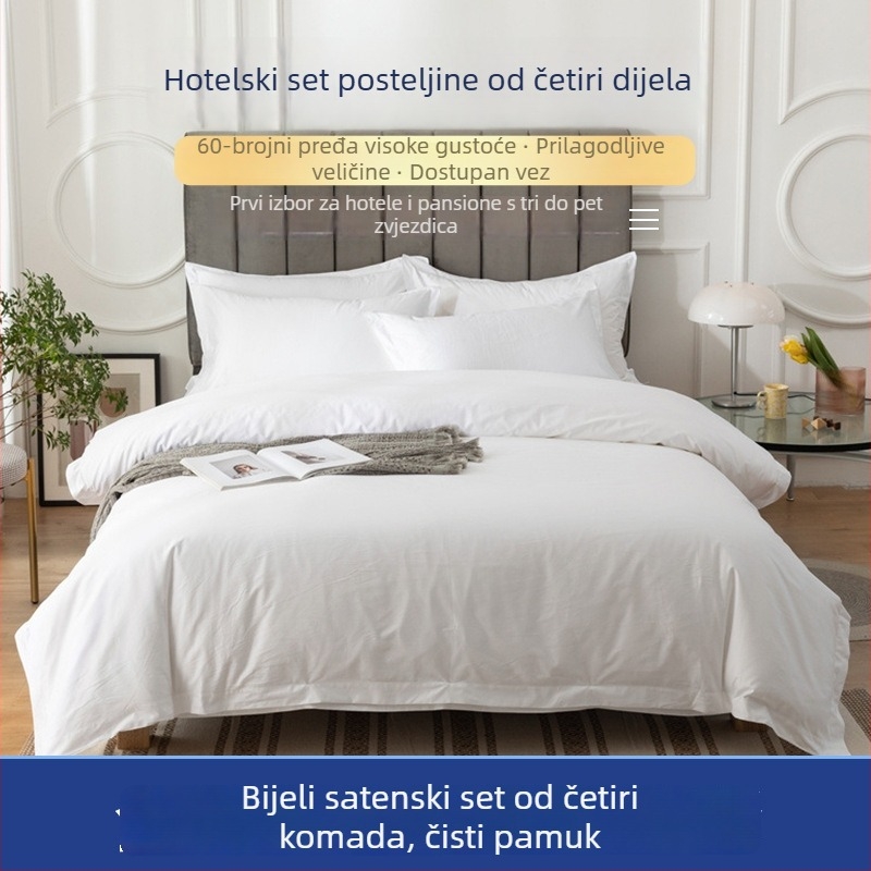 Bijeli hotelski set posteljine od 100% pamuka, četiri dijela: navlaka za pokrivač, gornja plahta, donja plahta i navlake za jastuke