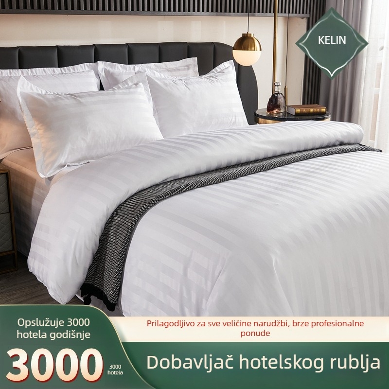 Hotelski četvero-dijelni set posteljine – bijeli satensko-prugasti uzorak, pamuk, plahte i navlaka za jorgan