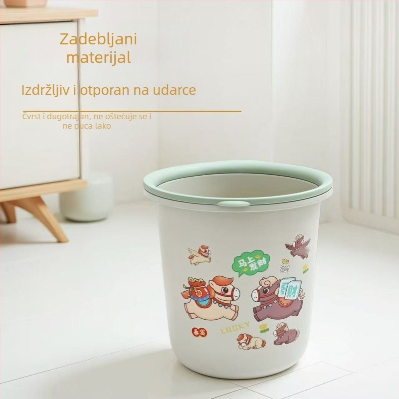 Okrugli plastični kanta za otpad s velikim kapacitetom za kućnu upotrebu u kuhinji, spavaćoj sobi i kupaonici; slatko i kreativno dizajn s pritisknim prstenom, bez poklopca