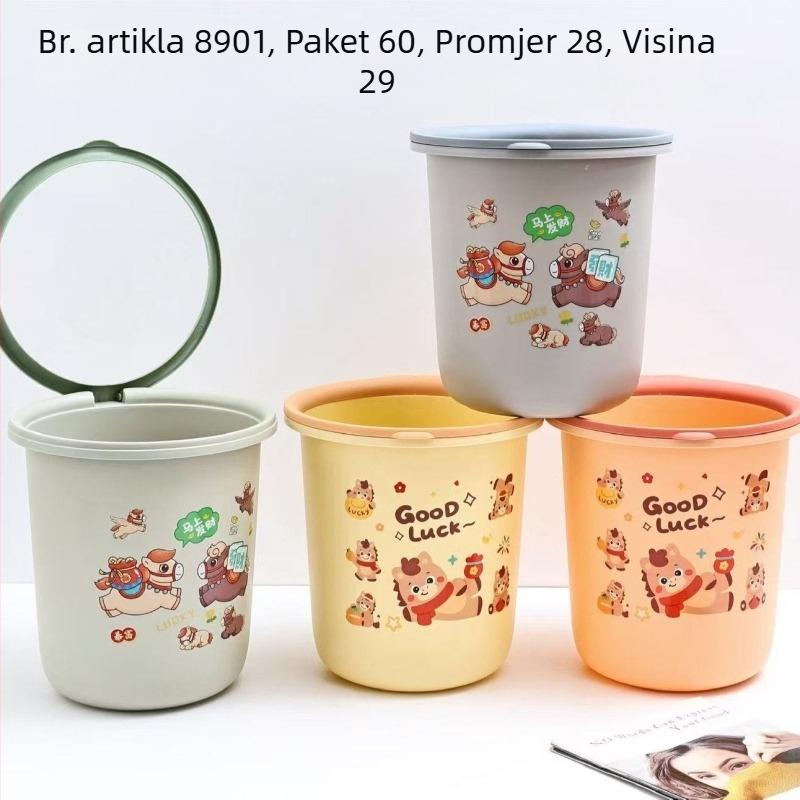 Okrugli plastični kanta za otpad s velikim kapacitetom za kućnu upotrebu u kuhinji, spavaćoj sobi i kupaonici; slatko i kreativno dizajn s pritisknim prstenom, bez poklopca