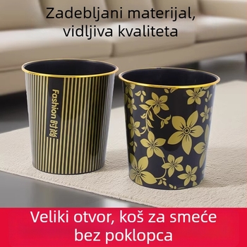 Koš za otpatke s zlatnim rubom, bez poklopca, cilindričan, plastični, 10 L, za ured, hotel, gostionicu, restoran, spavaću sobu, WC, dom, pored kreveta