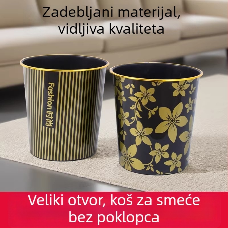 Koš za otpatke s zlatnim rubom, bez poklopca, cilindričan, plastični, 10 L, za ured, hotel, gostionicu, restoran, spavaću sobu, WC, dom, pored kreveta