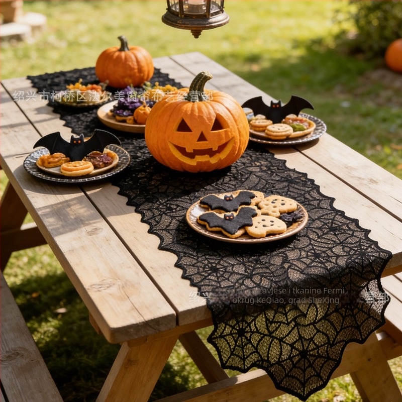 Crni čipkasti stolni runner s uzorkom paukove mreže, 45 × 183 cm, Halloween dekoracija