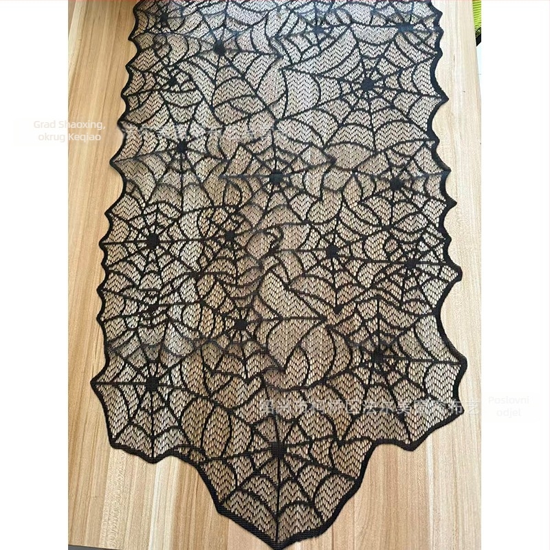 Crni čipkasti stolni runner s uzorkom paukove mreže, 45 × 183 cm, Halloween dekoracija