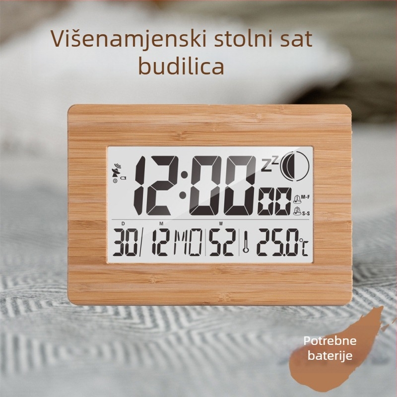 Višenamjenski sat u nordijskom stilu, radio-kontroliran, s unutarnjom temperaturom i vlagom, tihi alarm, elektronički sat na baterije