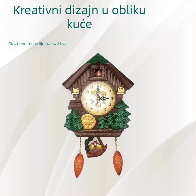 Zidni sat u obliku ptičje kućice, crtani dizajn za dječju sobu, model E22, s zvukom na svaki sat