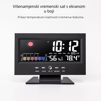 Tihi budilnik s bojom prikaza vremena, unutarnjim termometrom i prognozom vremena — višenamjenski stolni sat