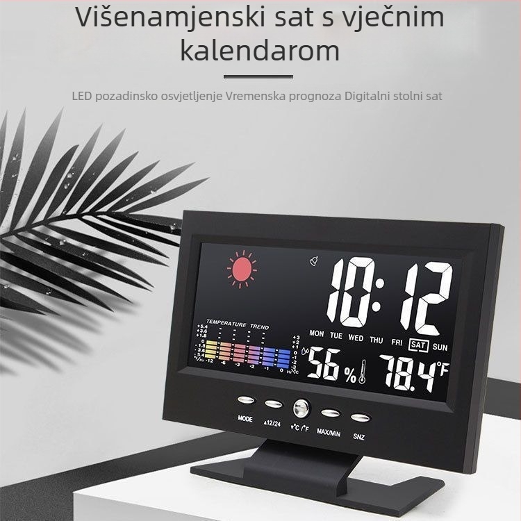 Tihi budilnik s bojom prikaza vremena, unutarnjim termometrom i prognozom vremena — višenamjenski stolni sat