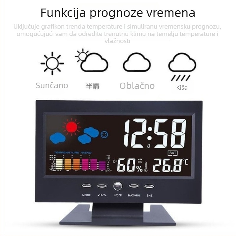 Tihi budilnik s bojom prikaza vremena, unutarnjim termometrom i prognozom vremena — višenamjenski stolni sat