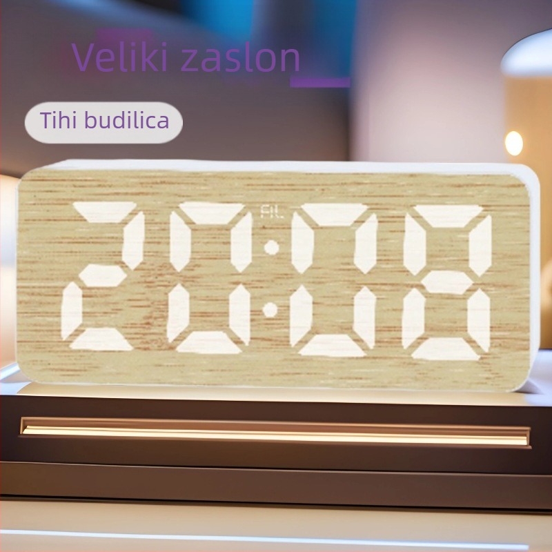Budilnik s velikim LED zaslonom, elektronički digitalni sat s uzorkom bambusa, tiši alarm, prikaz vremena i temperature