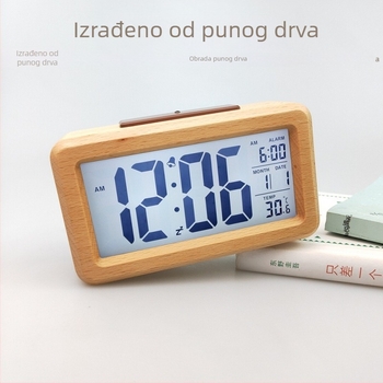 Budilica od masivnog drveta s LCD prikazom, kućište od bukovog drveta, termometar, 24-satno vrijeme, jednostrana