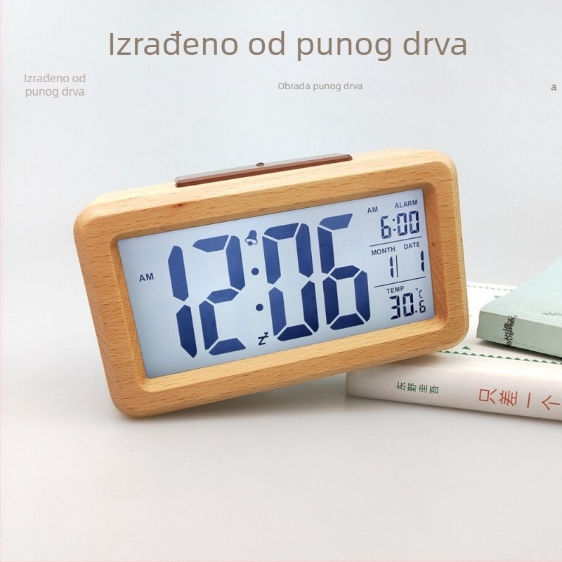Budilica od masivnog drveta s LCD prikazom, kućište od bukovog drveta, termometar, 24-satno vrijeme, jednostrana