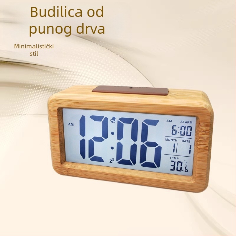 Budilica od masivnog drveta s LCD prikazom, kućište od bukovog drveta, termometar, 24-satno vrijeme, jednostrana
