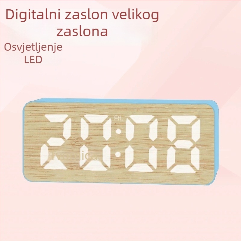 Digitalni LED budilnik s velikim zaslonom, funkcija odgode, kalendar i termometar, 24-satni prikaz, bambusov uzorak