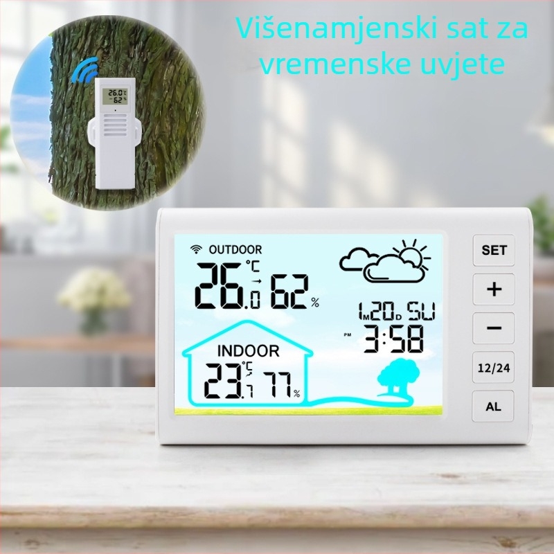 Višefunkcijski bežični meteorološki sat s kolor zaslonom, vremenska prognoza, zidni sat za unutarnju i vanjsku temperaturu te vlagu, budilica
