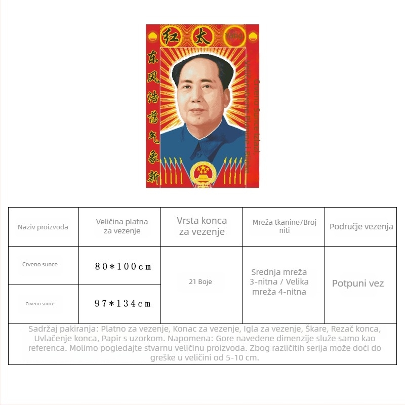 Set križićnog šivanja: Crveno sunce, 2024 novi model, Mao Zedong portret, mala veličina, ukras za dnevni boravak