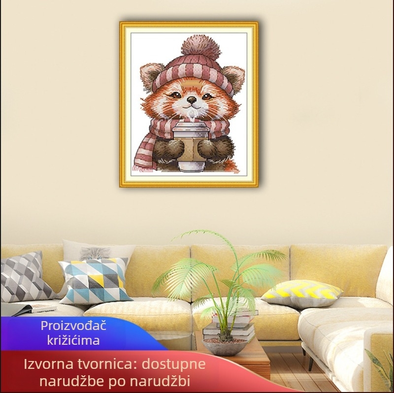 NKF Set za križićno bodanje — Panda koja pije kavu, slatka životinja, dnevni boravak, platno 11CT od pamuka
