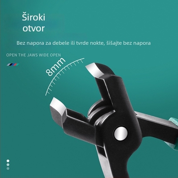 Veliki kliješt za nokte s dizajnom protiv prskanja, nagibnim otvorom i lakatnom spojećnicom za debele nokte; plitki otvor i kliješi za žljebove nokta