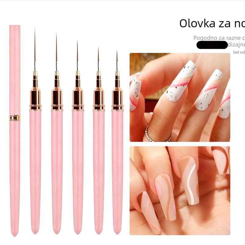 Ružičasti set silikonskih olovaka za nokte, 10 komada: 5 olovaka za crtanje crta i 5 dvostrano završnih olovaka za nokte