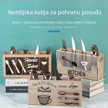 Drvena kutija nordijskog stila s pregradama za žlice i štapiće, držač noževa i vilica – kuhinjski organizator posuđa