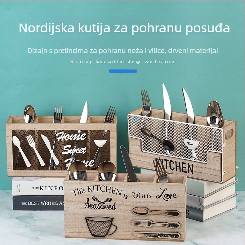 Drvena kutija nordijskog stila s pregradama za žlice i štapiće, držač noževa i vilica – kuhinjski organizator posuđa