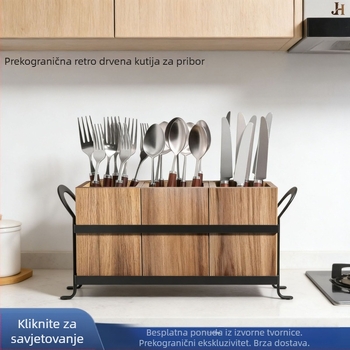 Drvena kutija za pribor s pregradama i ručkom, kuhinjska kutija od masivnog drveta