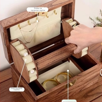 Kutija za nakit od crnog oraha, kineski stil, jednostavan dizajn, višeslojni organizator s odjeljcima za ogrlice i narukvice