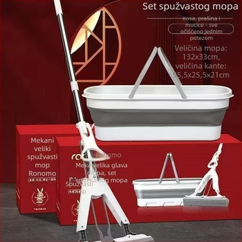 Sklopivi mop s apsorbirajućom glavom od spužve i setom strugača – trodjelni komplet s preklopnom kantu