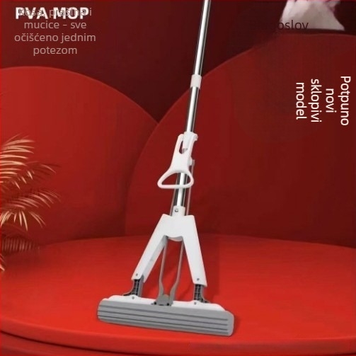 Sklopivi mop s apsorbirajućom glavom od spužve i setom strugača – trodjelni komplet s preklopnom kantu