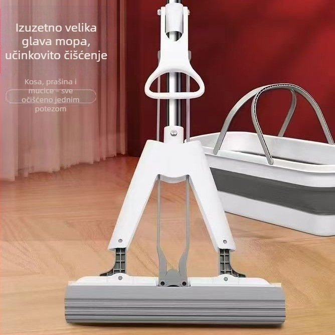 Sklopivi mop s apsorbirajućom glavom od spužve i setom strugača – trodjelni komplet s preklopnom kantu