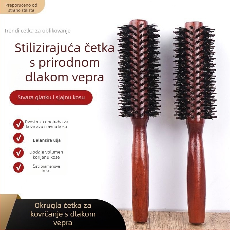 Češalj za kovrčanje kose s dlakom svinje, cilindrični češalj za stiliziranje kovrčica, styling češalj s rolerom za kućnu i salonsku upotrebu, profesionalan za muškarce i žene