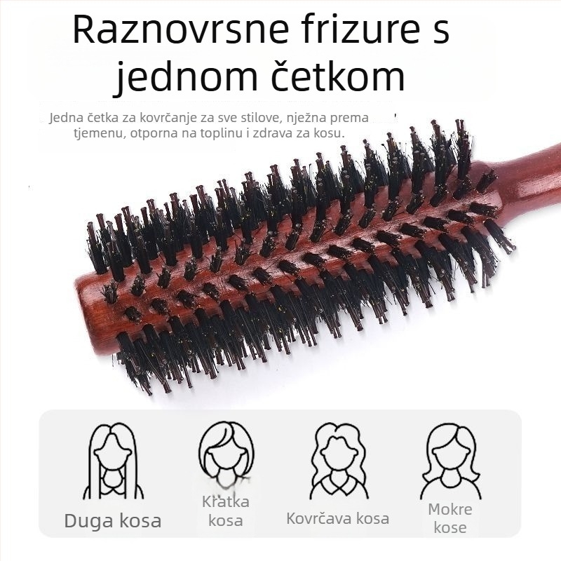 Češalj za kovrčanje kose s dlakom svinje, cilindrični češalj za stiliziranje kovrčica, styling češalj s rolerom za kućnu i salonsku upotrebu, profesionalan za muškarce i žene